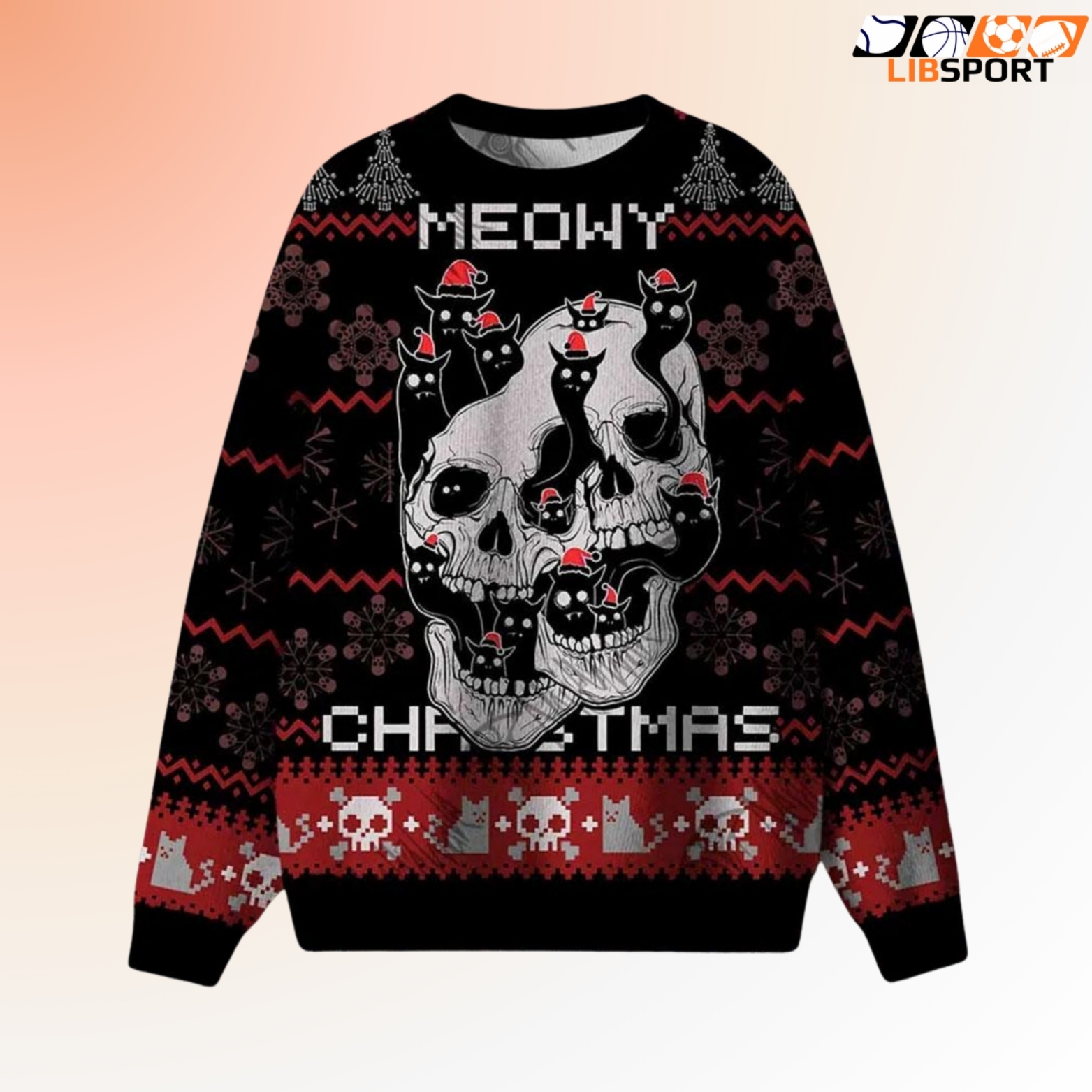 Meowy Christmas Ugly Sweater, Gothic Skull Cat Holiday Top, Funny Kitten Xmas Gift Jumper